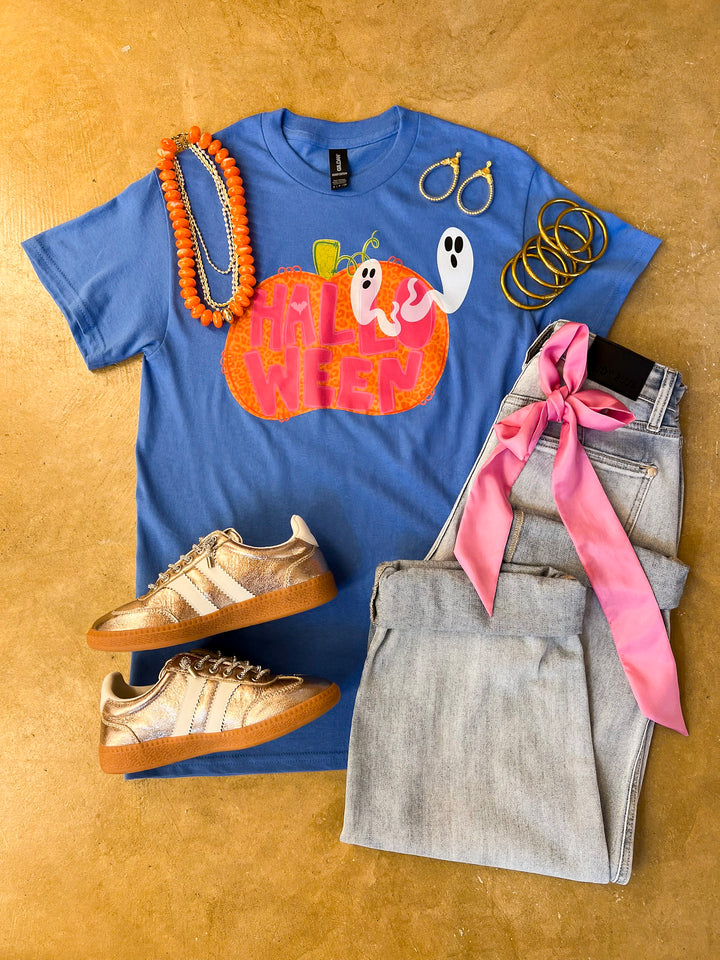 Boo Thing Colorful Leopard Print Pumpkin and Ghost Halloween Graphic Tee in Periwinkle Blue