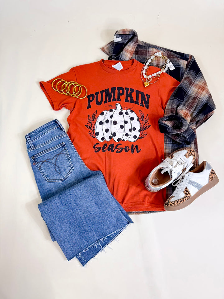Polka Dot Pumpkin Season Short Sleeve Graphic Tee in Burnt Orange