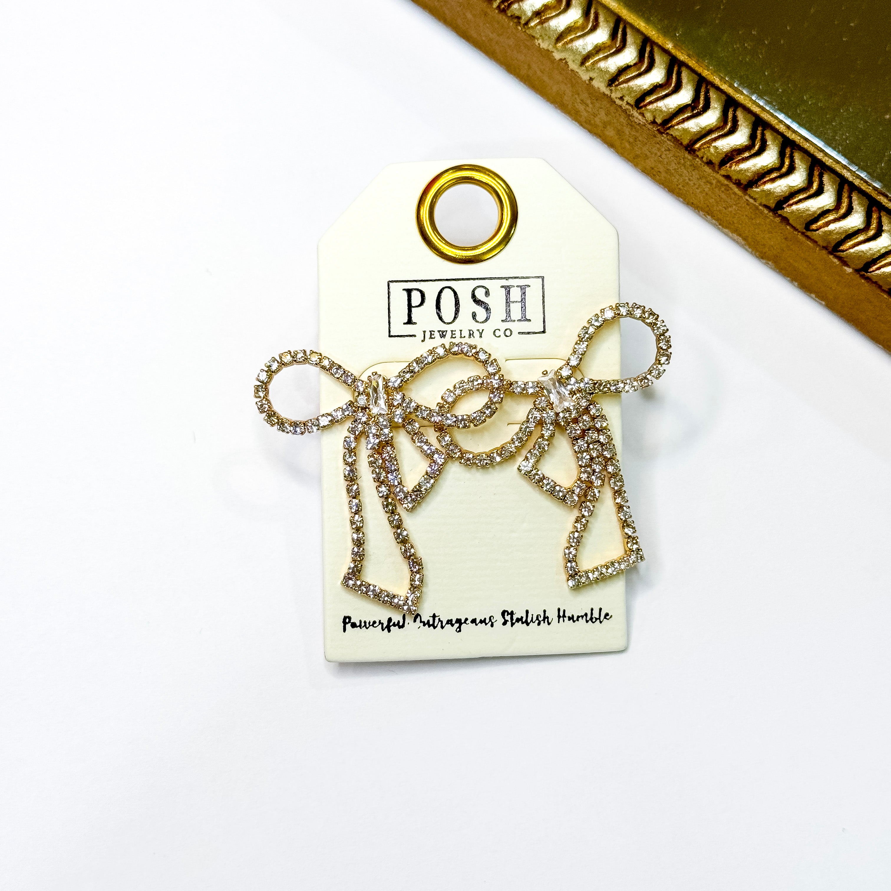 Posh by Pink Panache | Rhinestone Ribbon Gold Tone Stud Earrings