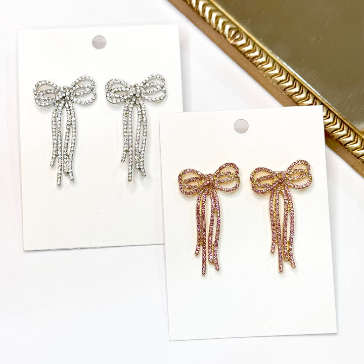 Radiant Ribbons Silver Tone Clear Rhinestone Bow Earrings