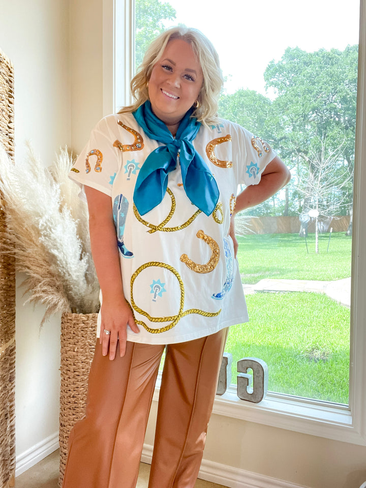 Queen Of Sparkles | Rope Me In Sequin Rope and Western Icon Top in White - Giddy Up Glamour Boutique