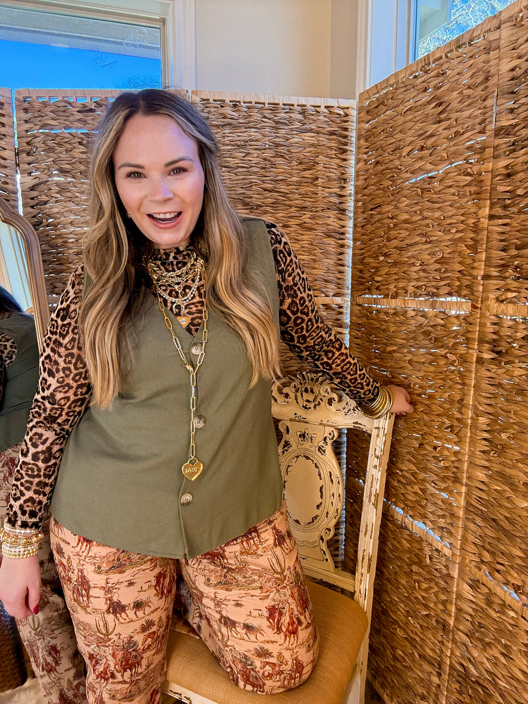 Story of the West Straight Leg Raw Hem Western Print Pants in Taupe Brown