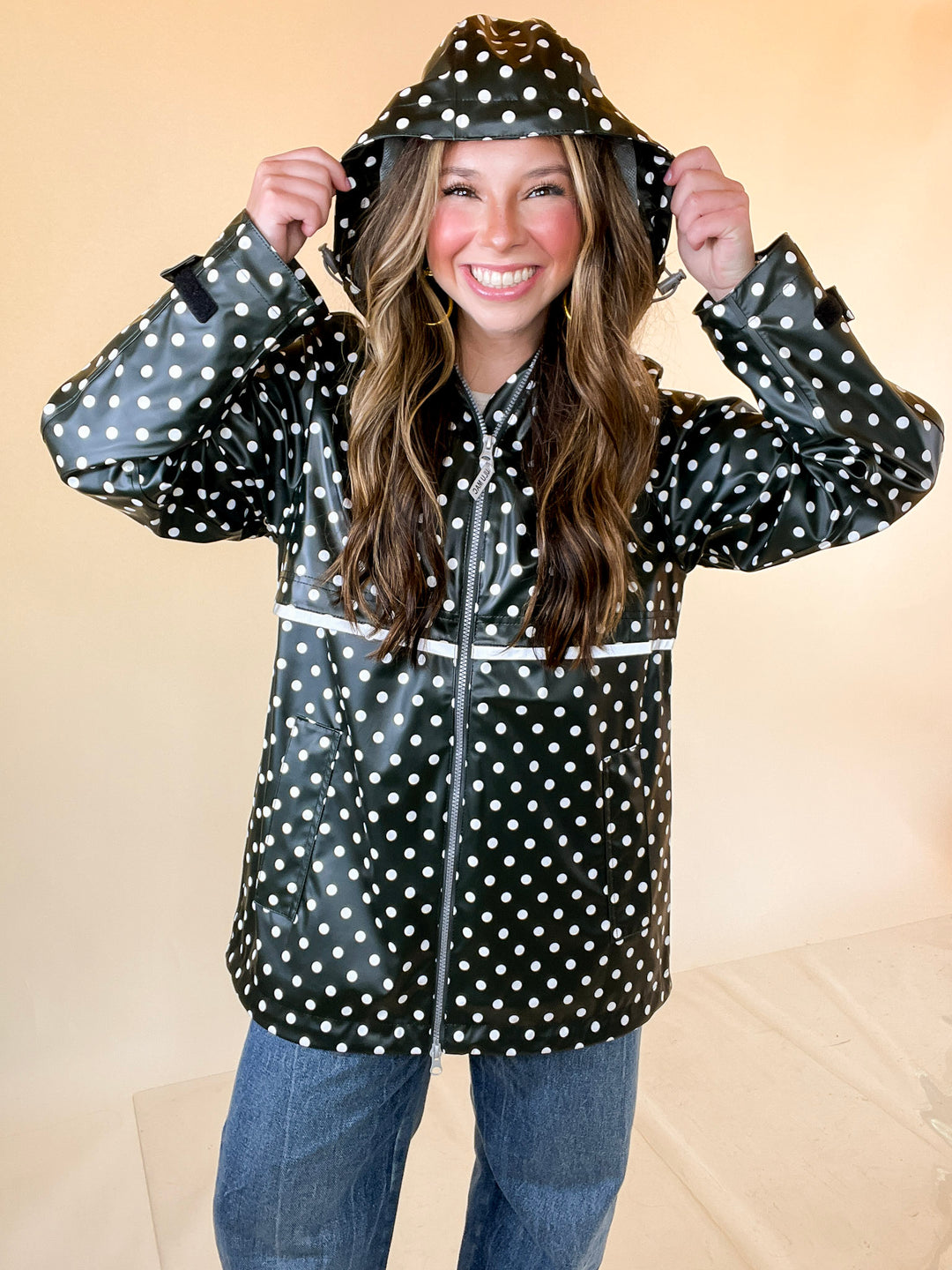 Lulu Mac | Chic Forecast Ivory Polka Dot Hooded Rain Jacket in Black