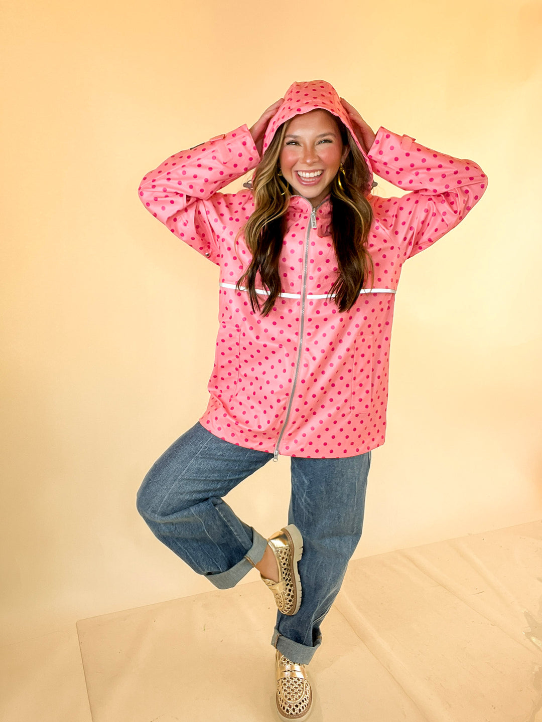 Lulu Mac | Chic Forecast Polka Dot Hooded Rain Jacket in Pink