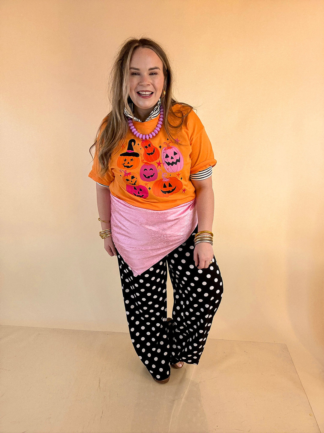 Up to No Gourd Pink &amp; Orange Jack-O’-Lantern Halloween Graphic Tee in Orange