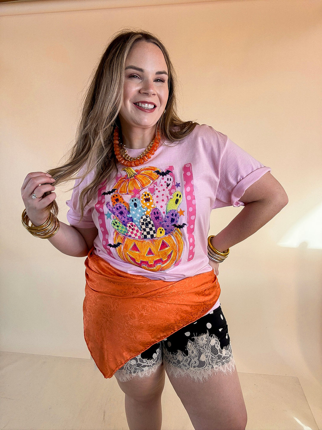 Pick of the Patch Colorful Ghost &amp; Jack-O’-Lantern Halloween Graphic Tee in Light Pink