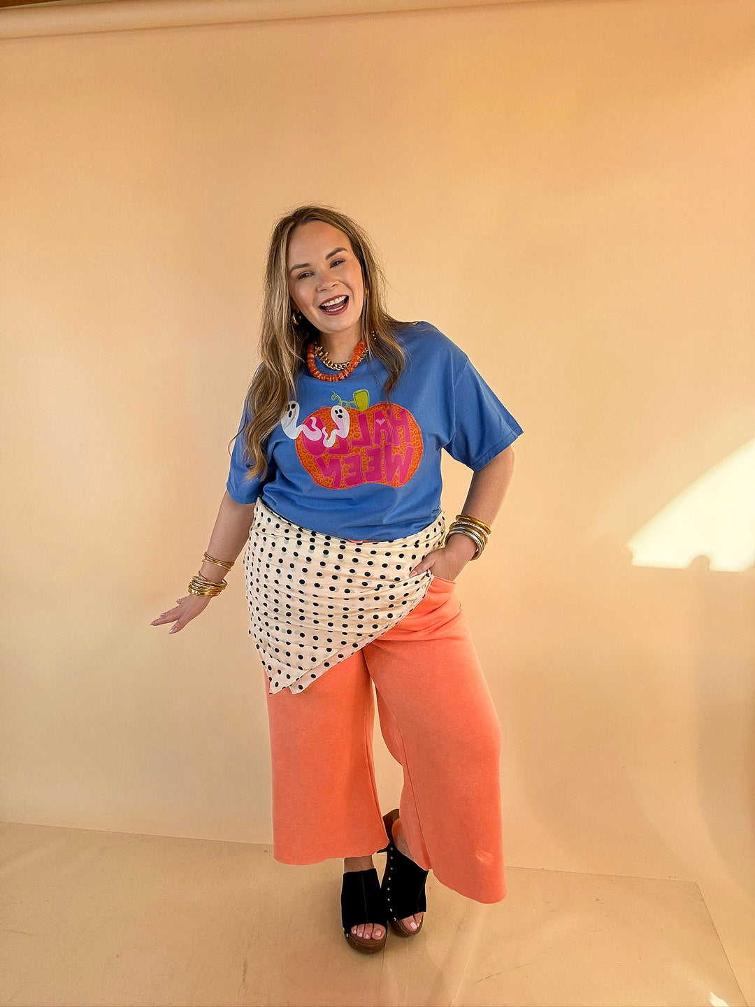 Boo Thing Colorful Leopard Print Pumpkin and Ghost Halloween Graphic Tee in Periwinkle Blue