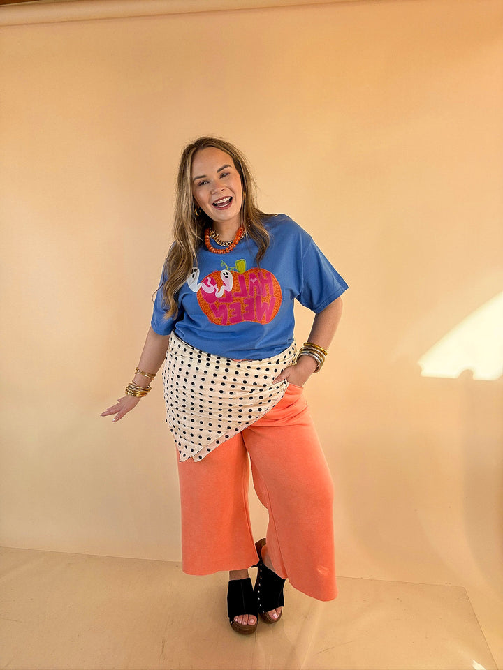 Boo Thing Colorful Leopard Print Pumpkin and Ghost Halloween Graphic Tee in Periwinkle Blue
