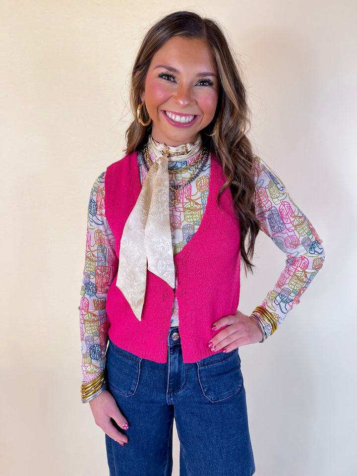 Western Dream Neon Boot Print Mesh Long Sleeve Top in White