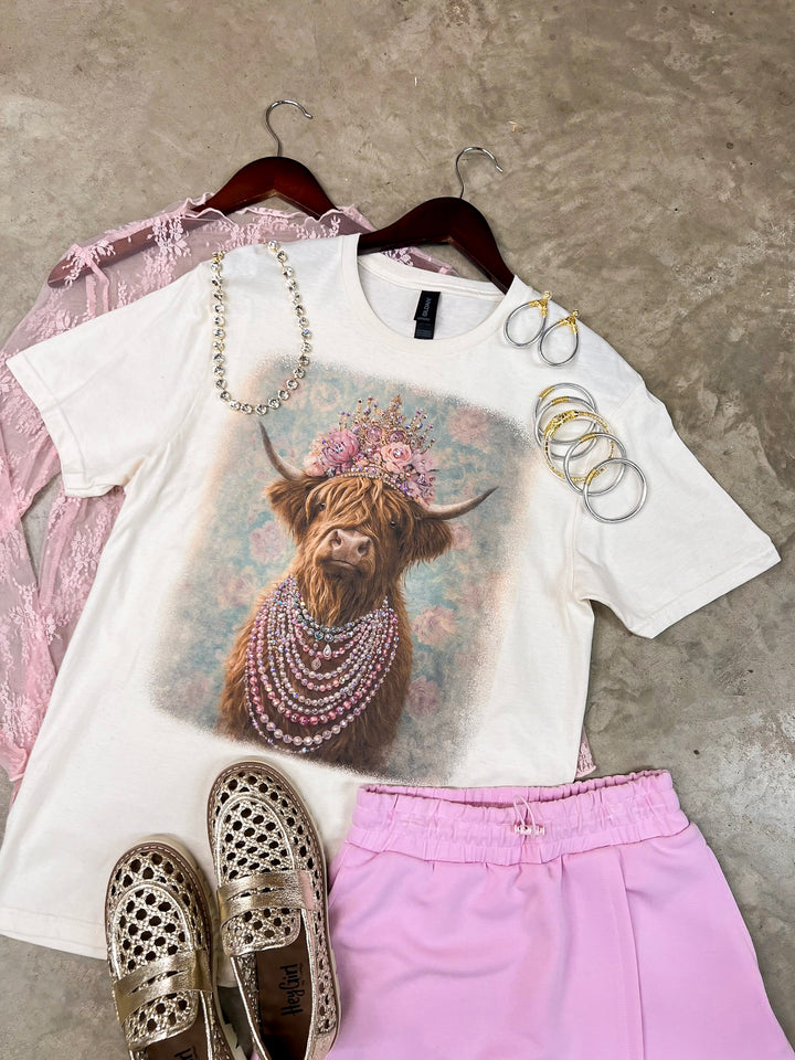 Highland Honey Glam Floral Crown Highland Print Short Sleeve Graphic Tee with Crystals in Cream