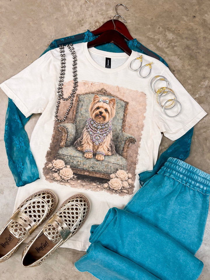 Prissy Penny Glam Turquoise Blue Yorkie Short Sleeve Graphic Tee with Crystals in Cream