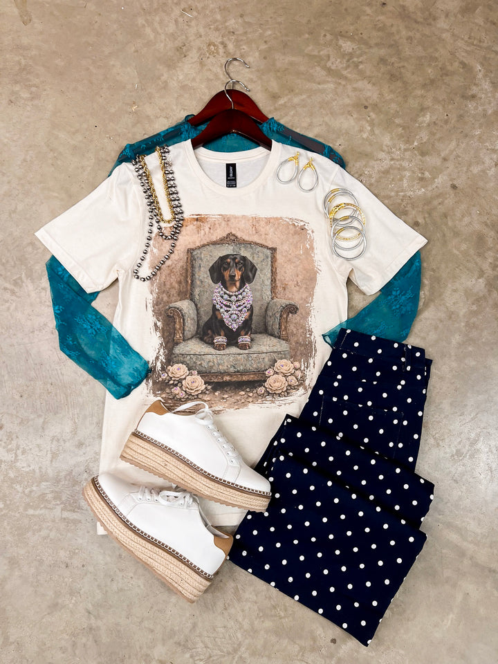 Duchess Desirae Glam Dachshund Dog Printed Short Sleeve Graphic Tee with Crystals in Cream