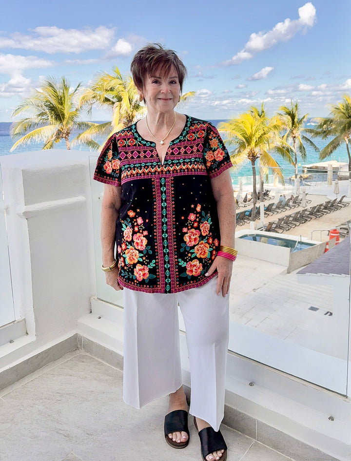 On The Blog Notched Neck Embroidered Top in Black