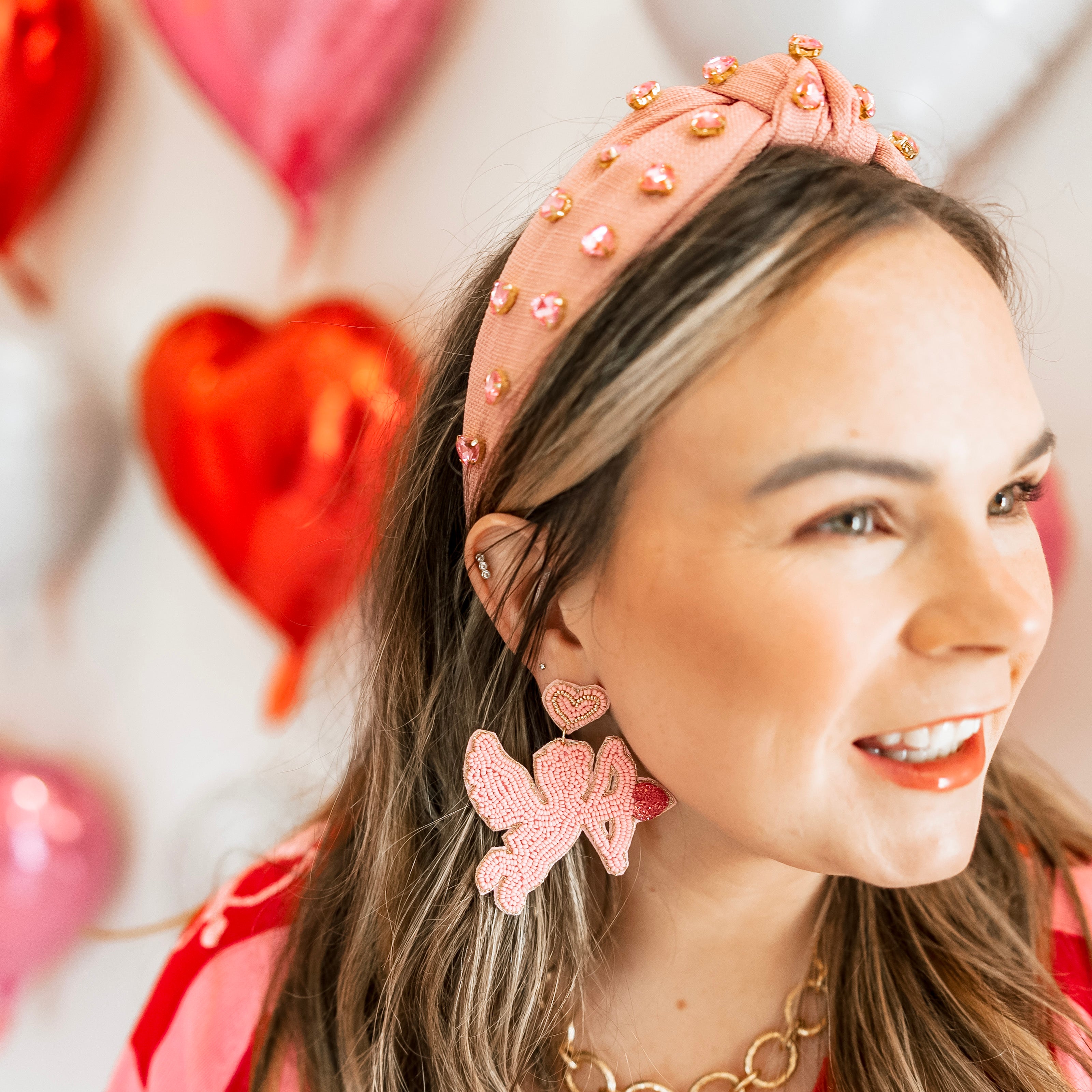 Heart Shaped Crystal Detailed Knot Headband in Pink - Giddy Up Glamour Boutique
