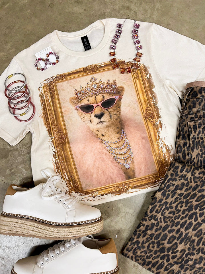 Queen Cat Glam Cheetah Short Sleeve Graphic Tee with Crystals in Cream
