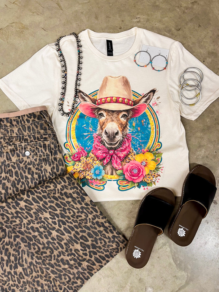 Sally Sue Western Colorful Donkey Short Sleeve Graphic Tee with Crystals in Cream