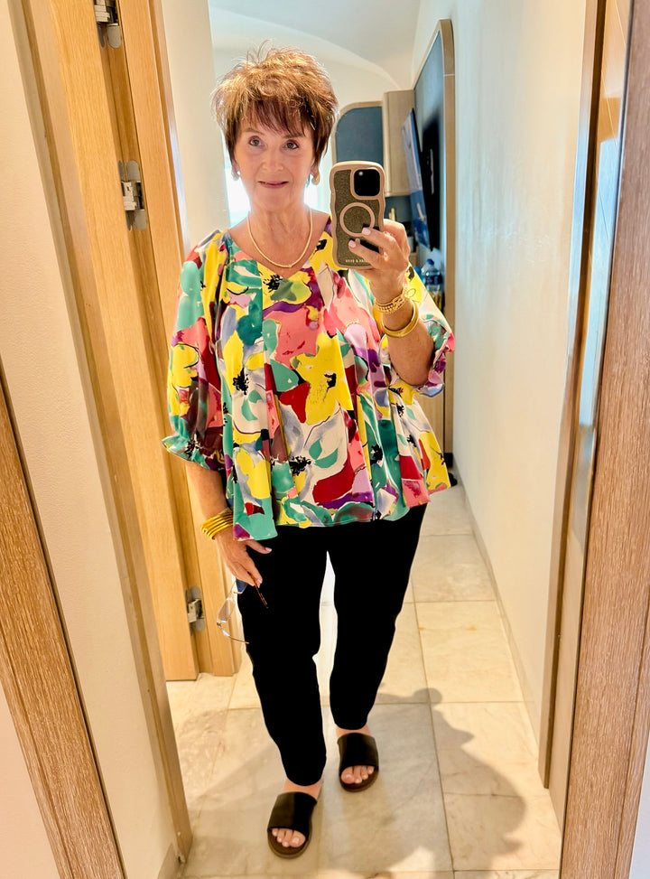 Blooming Love Floral V Neck Top with Half Sleeves in Green Mix