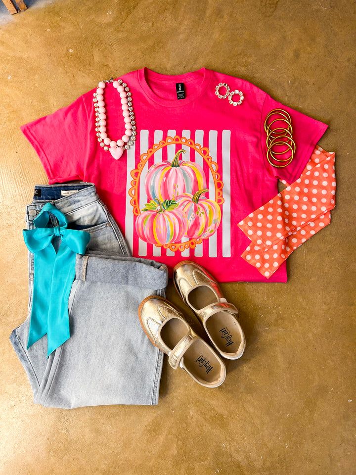 Fall in Full Color Stripe Watercolor Pumpkin Fall Graphic Tee in Hot Pink