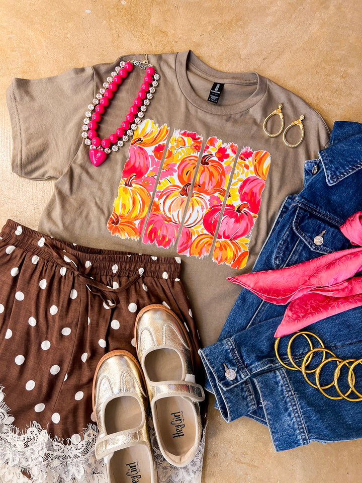 Art of the Season Painted Pumpkin and Floral Watercolor Stripes Fall Graphic Tee in Brown