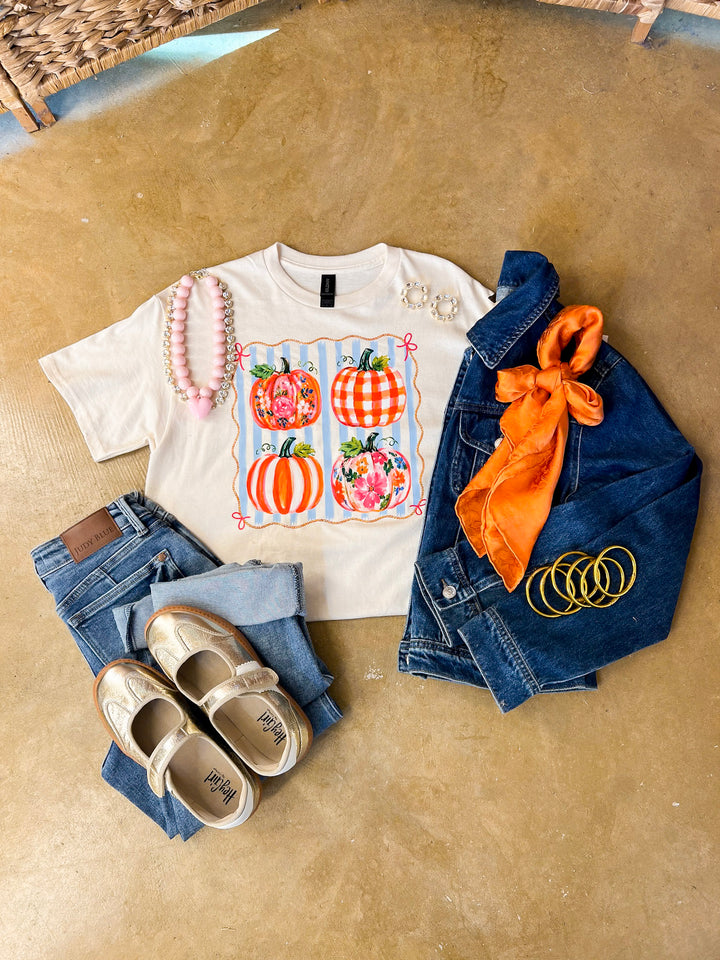 Prettiest in the Patch Stripe and Pumpkin Fall Graphic Tee in Natural