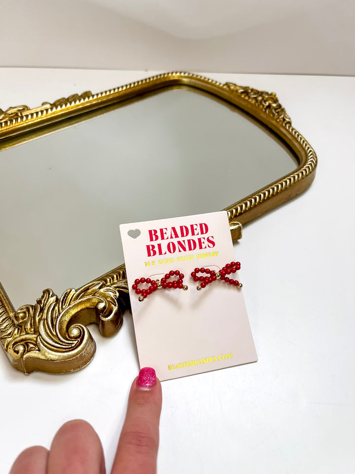 Beaded Blondes | Red Pearl Beaded Bow Earrings