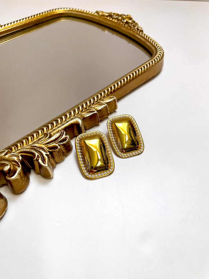 CHANSUTT PEARLS | Callista Rectangle Statement Stud Earrings with Pearl Trim in Gold