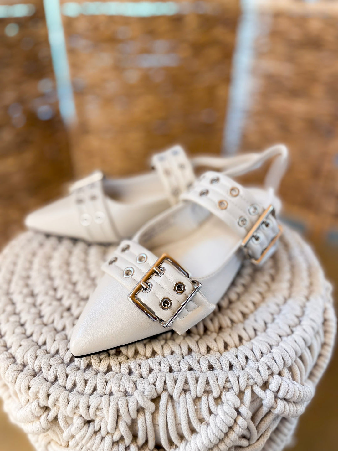 Corky's | On the Prowl Pointed Toe Buckle Slingback Mule Flat Sandal in Ivory
