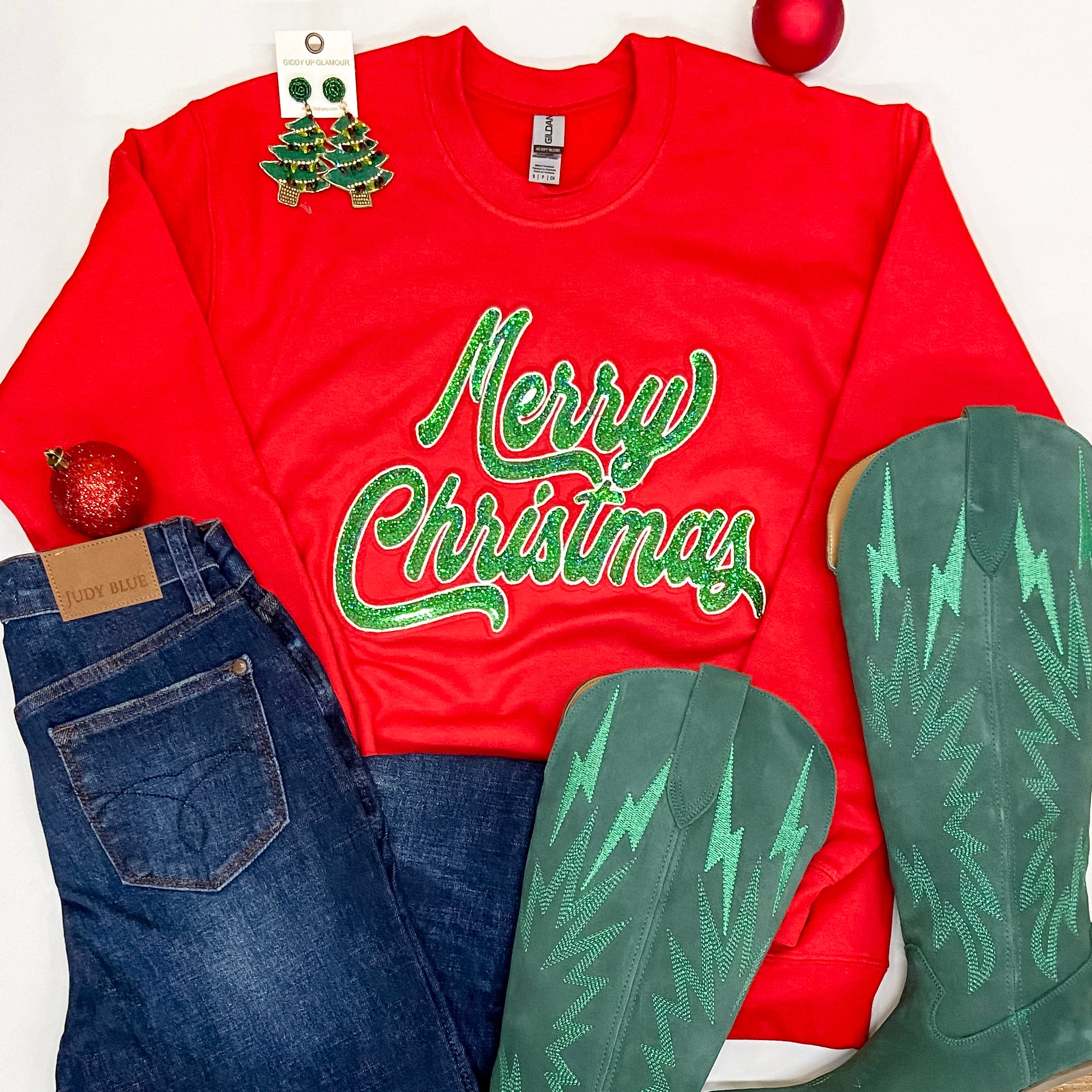 Green Sequin Merry Christmas Patch Graphic Sweatshirt in Red - Giddy Up Glamour Boutique