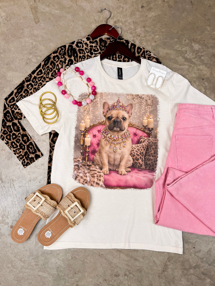 Fancy Francine the French Bulldog Printed Short Sleeve Graphic Tee with Crystals in Cream