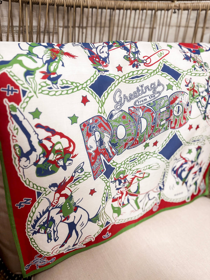 XOXO Art & Co | Greetings from the Rodeo Print Shorty Wild Rag Scarf in Ivory, Green, Red and Blue