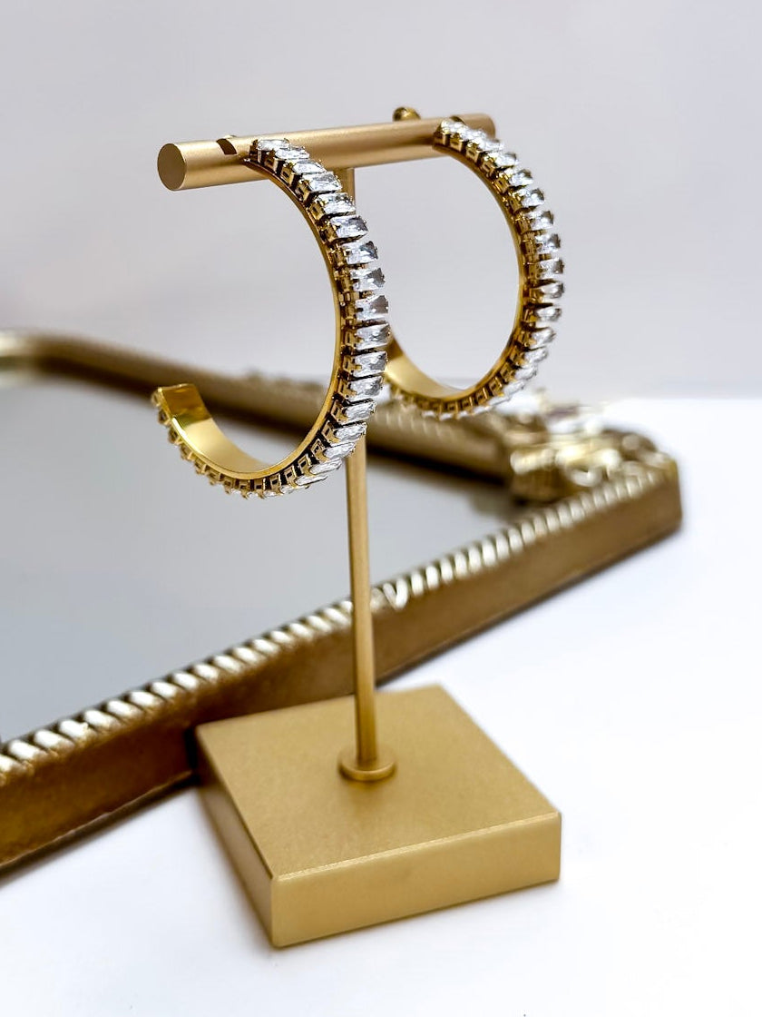 CHANSUTT PEARLS | Large Baguette Rectangle Rhinestone Hoop Earrings in Gold