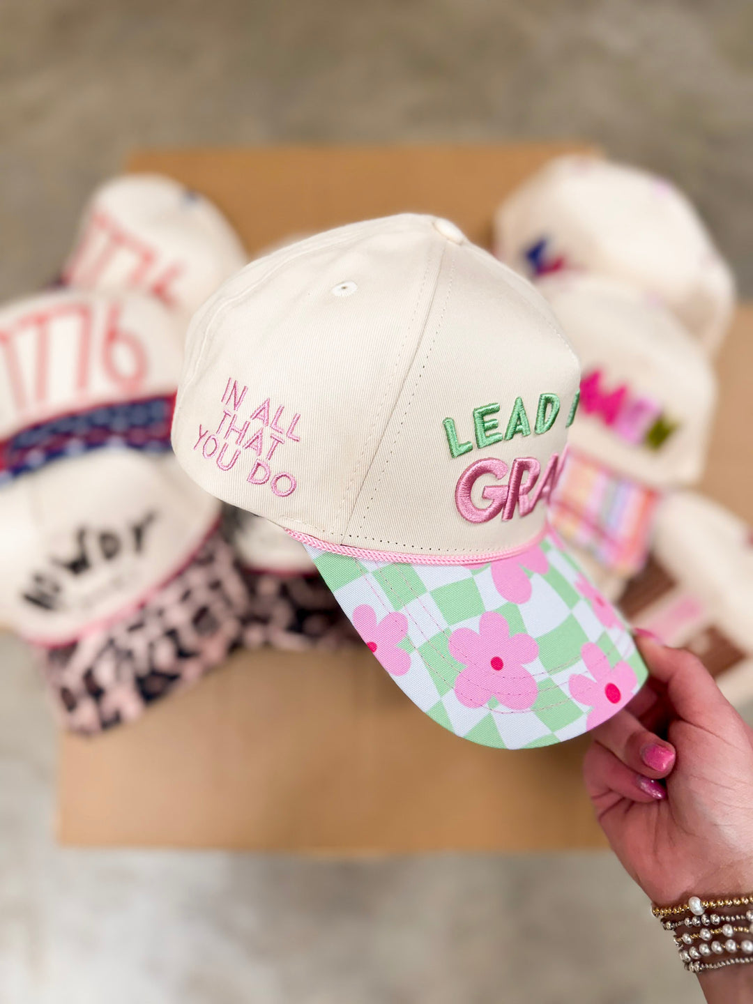 Lead with Grace Foam Trucker Hat with Floral Checkered Bill in Tan