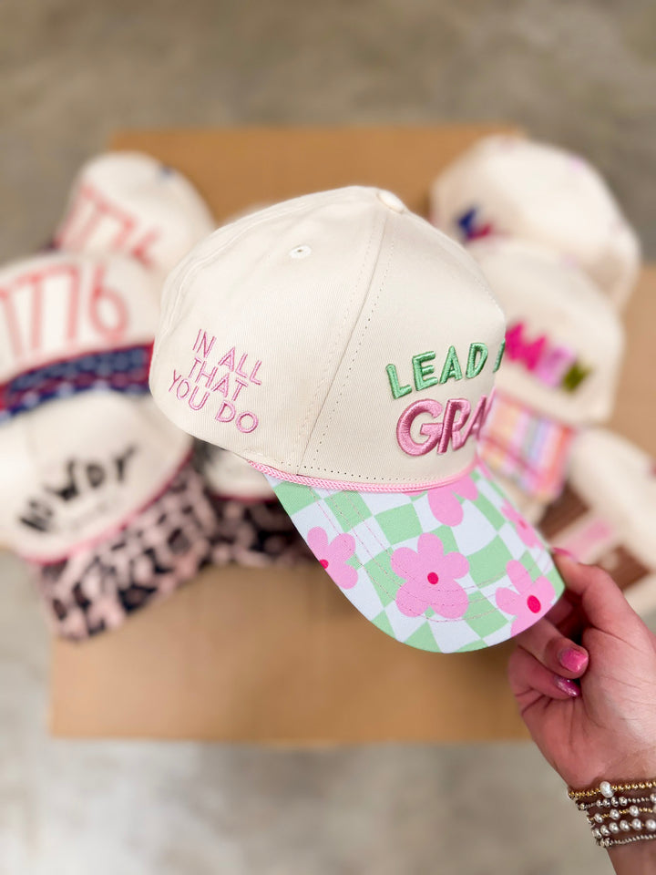 Lead with Grace Foam Trucker Hat with Floral Checkered Bill in Tan