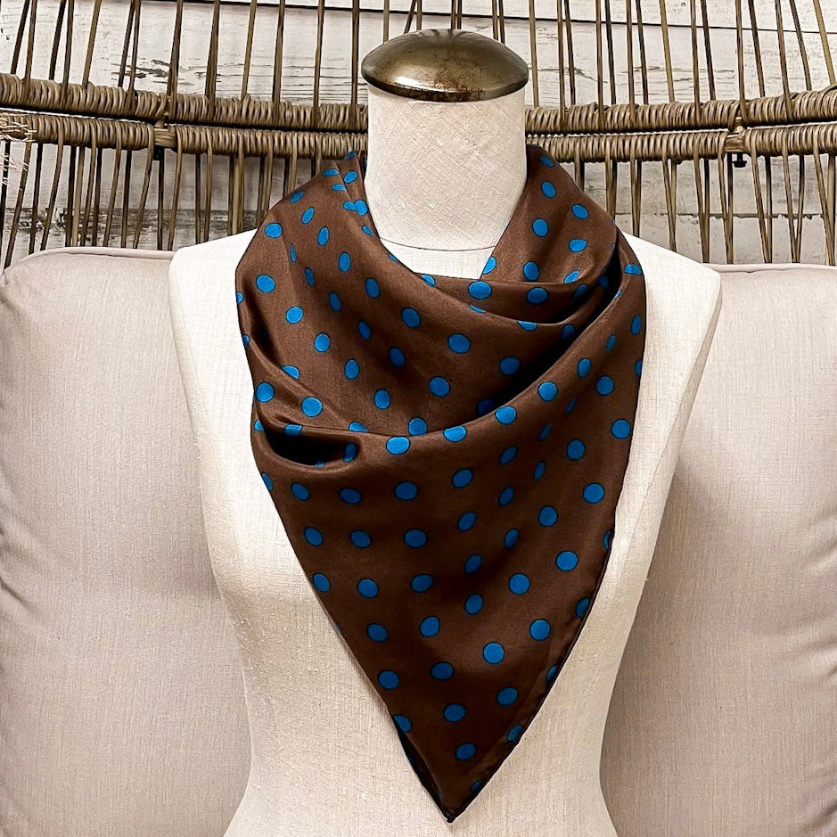 Wyoming Traders | Cowboy Polka Dot Silk Wild Rag Scarf in Mocha Brown and Turquoise