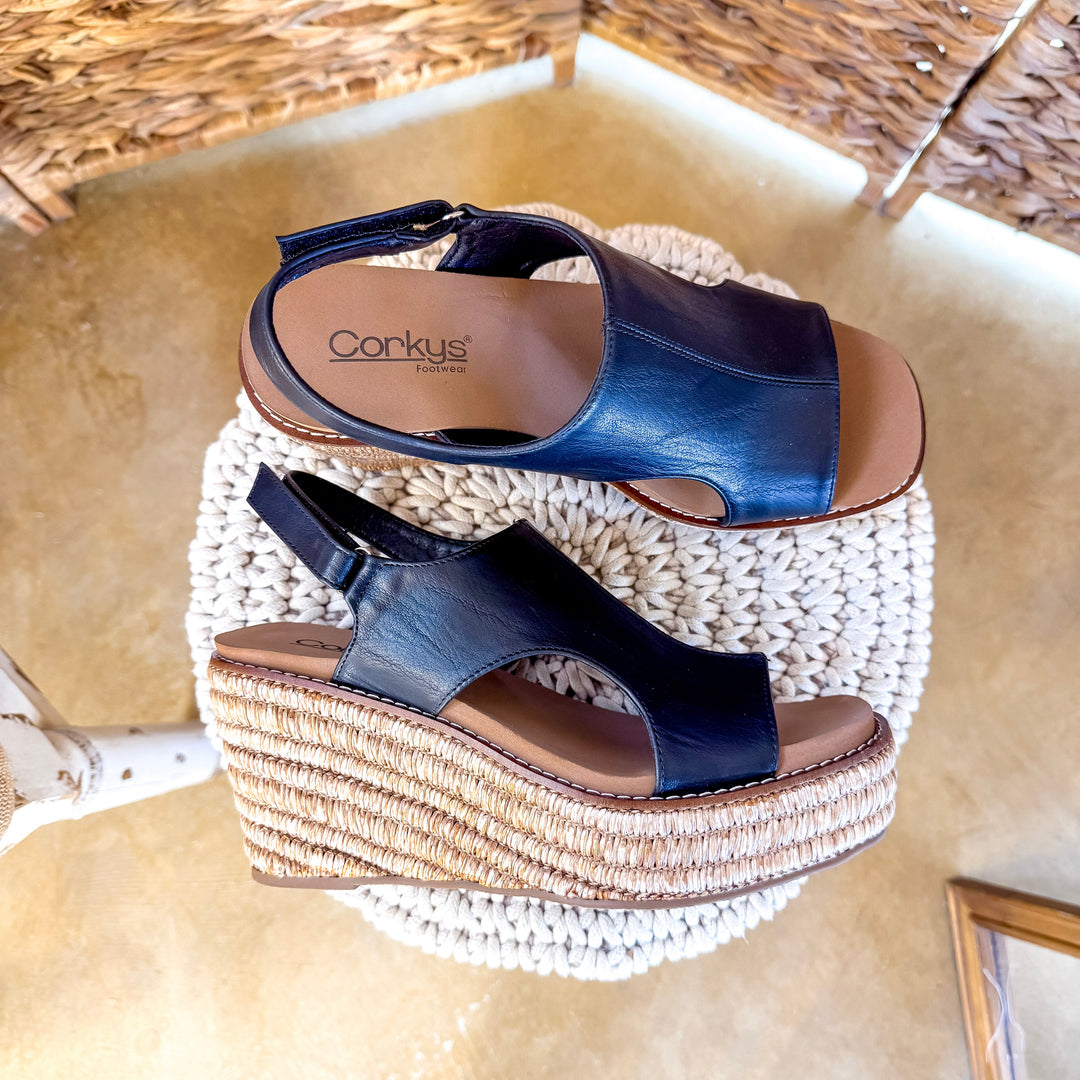 Corky's | Freddie Wedge Sandal with Velcro Strap in Black Smooth