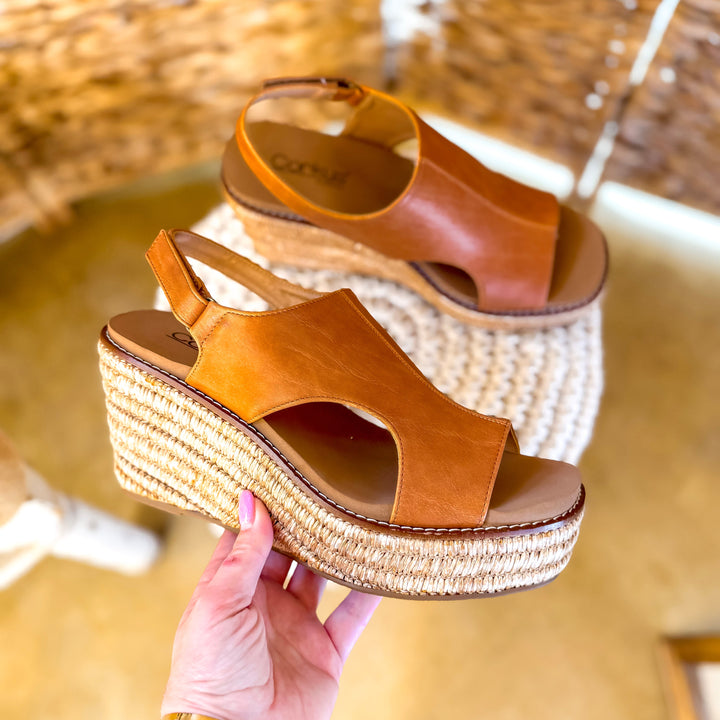 Corky's | Freddie Wedge Sandal with Velcro Strap in Cognac Smooth