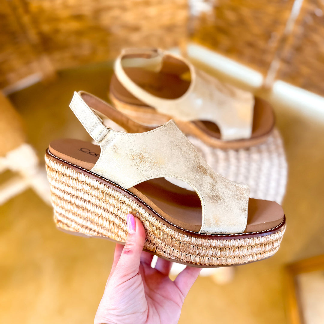 Corky's | Freddie Wedge Sandal with Velcro Strap in Gold Washed Metallic
