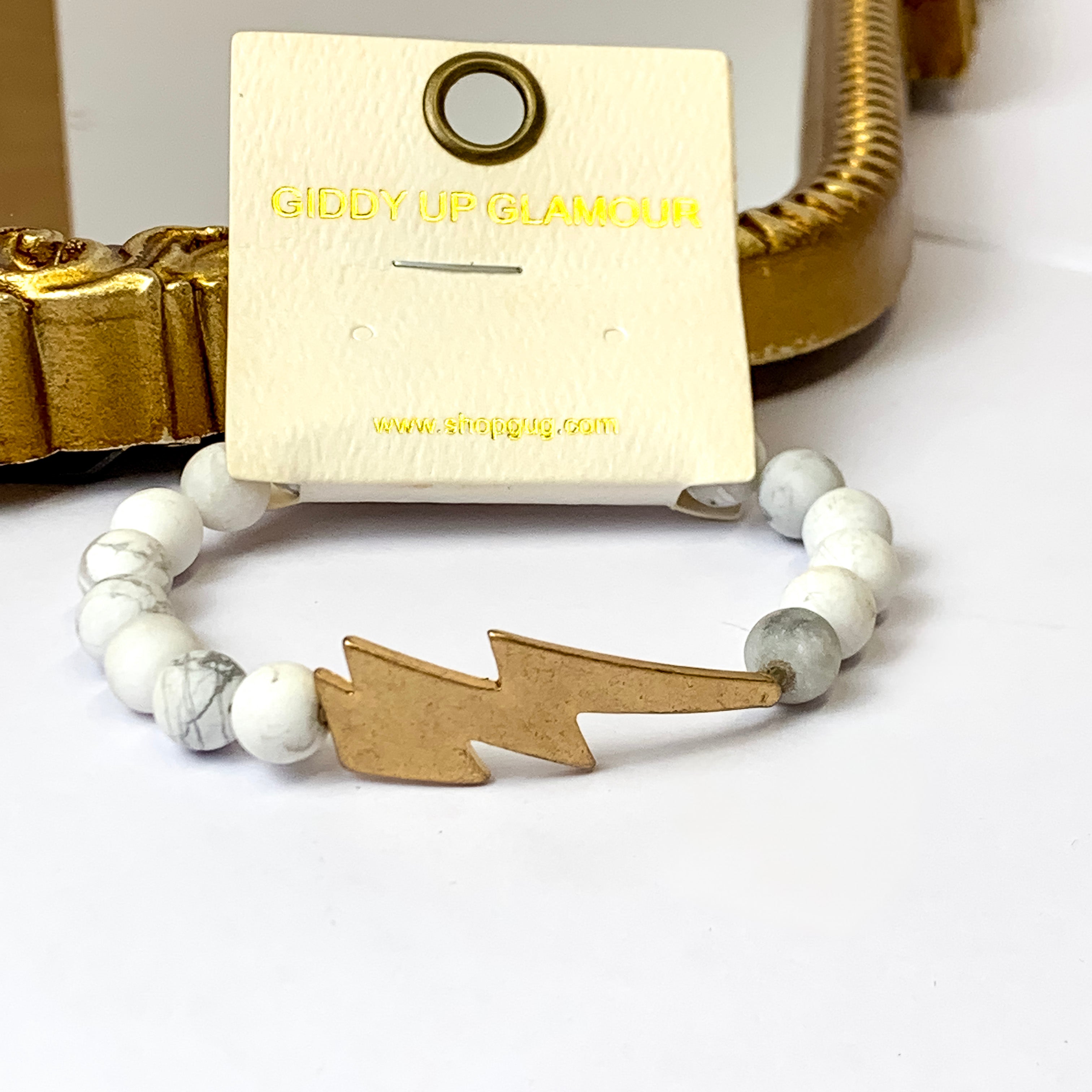 Grey Marble Beaded Bracelet with Gold Lightning Bolt Pendant - Giddy Up Glamour Boutique