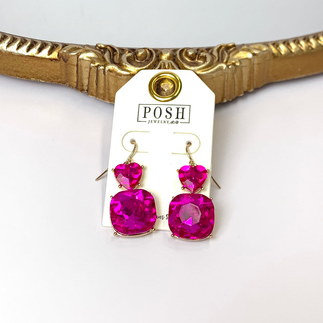Posh by Pink Panache | Gold Tone Fuchsia Pink Heart Shaped and Cushion Cut Crystal Drop Earrings - Giddy Up Glamour Boutique