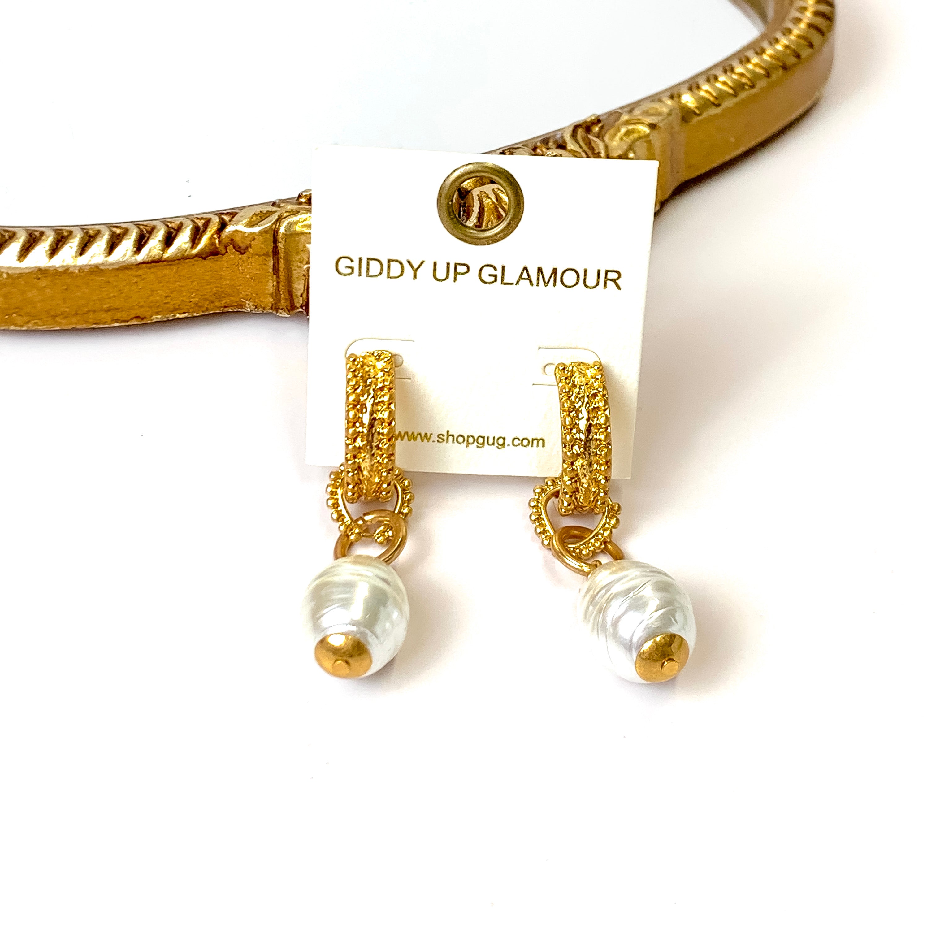 Gold Tone Convertible Hoop Earrings with Pearl Pendants - Giddy Up Glamour Boutique