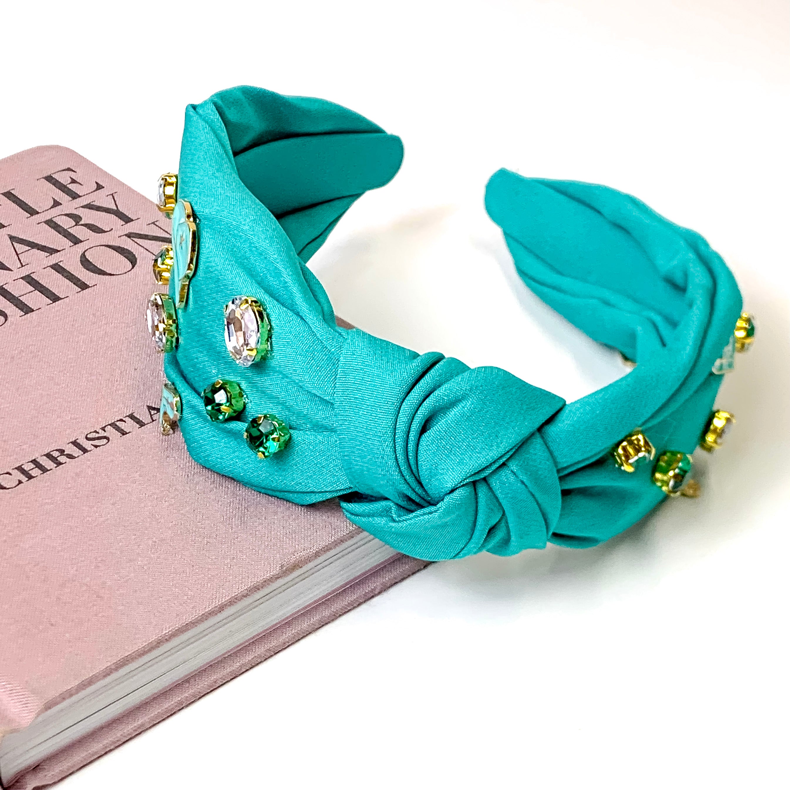 Teal Cowboy Hat and Boot Knotted Headband with Crystal Detailing - Giddy Up Glamour Boutique