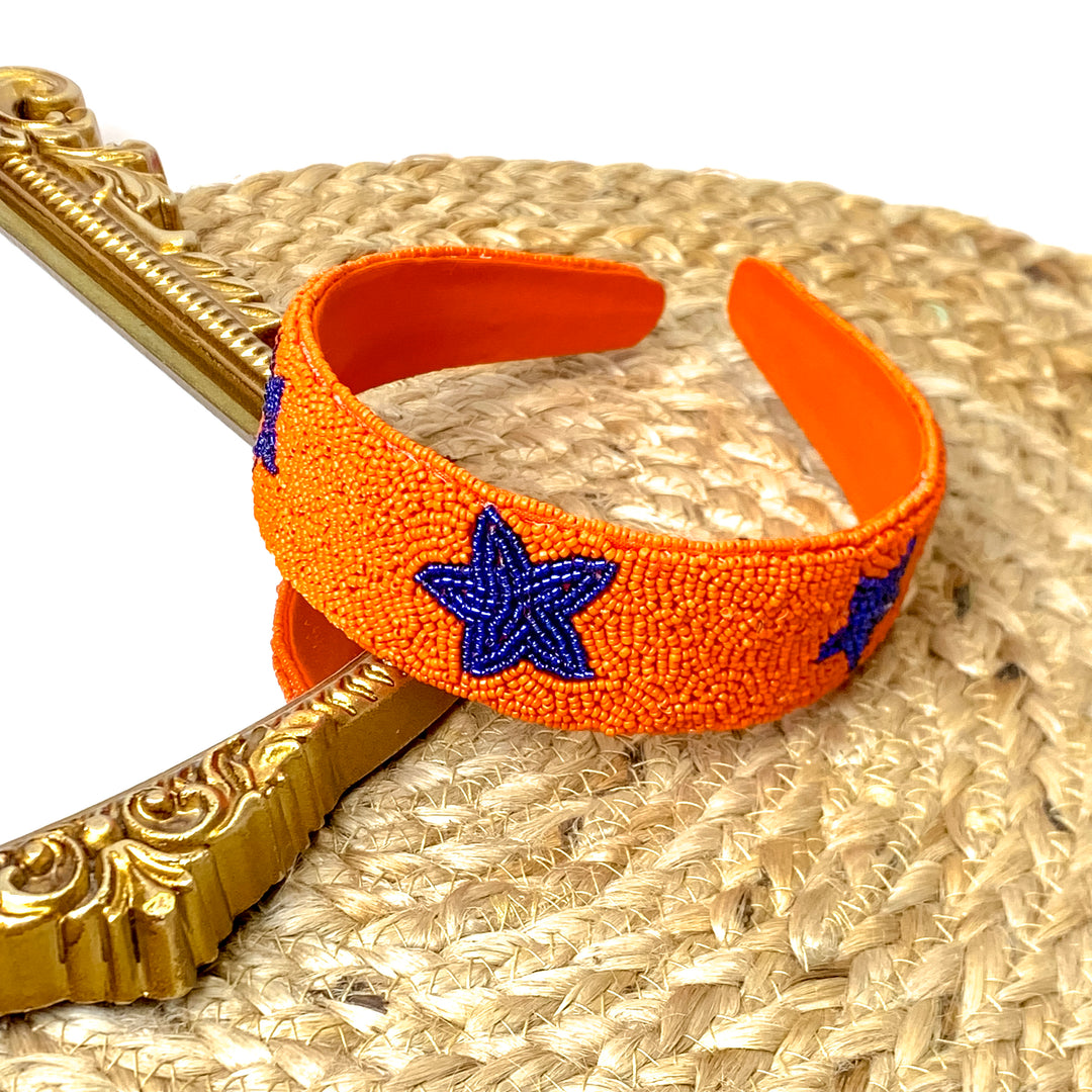 Team Spirit Orange Seed Bead Headband with Navy Blue Stars - Giddy Up Glamour Boutique