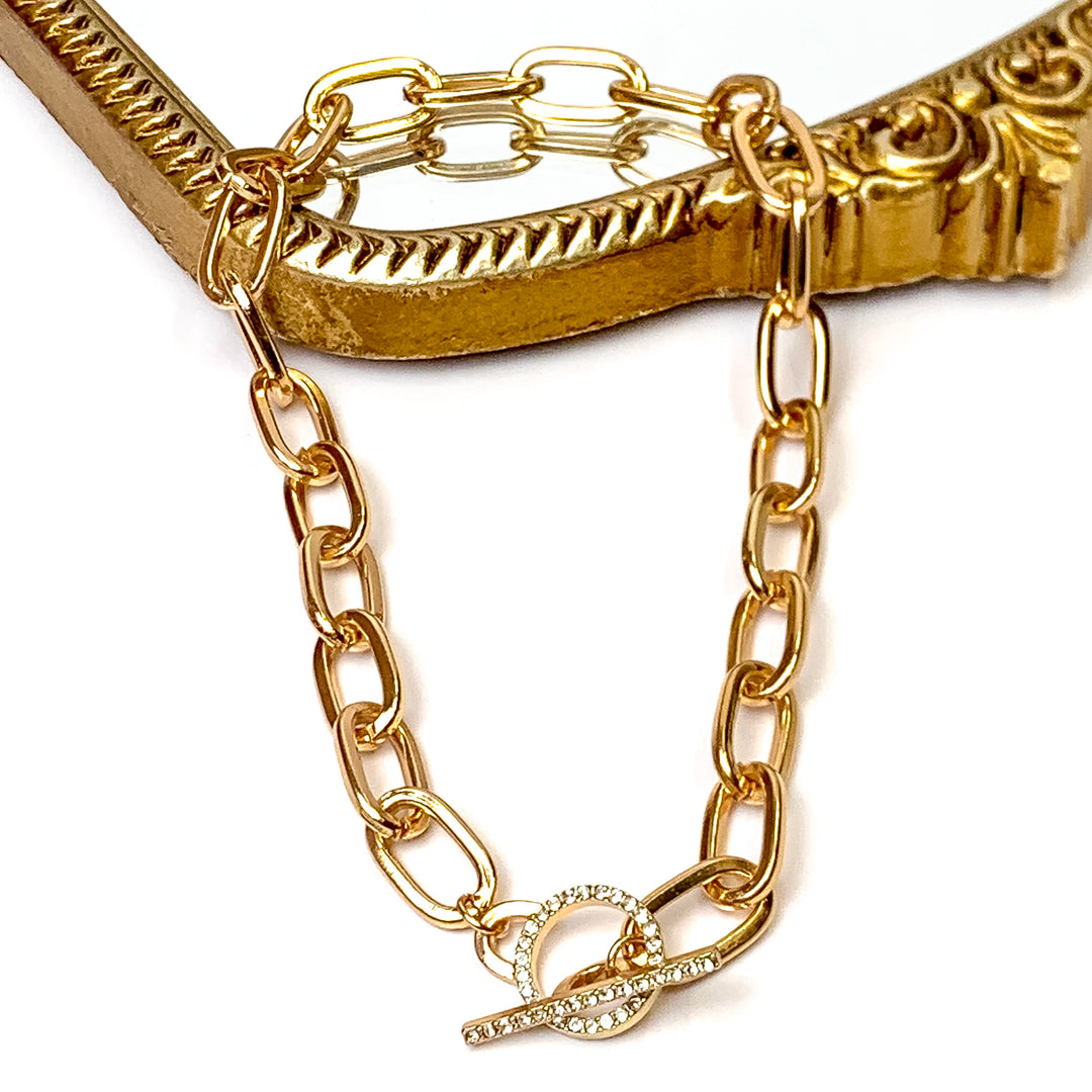 Gold Tone Front Toggle Chain Necklace with Crystal Accents - Giddy Up Glamour Boutique