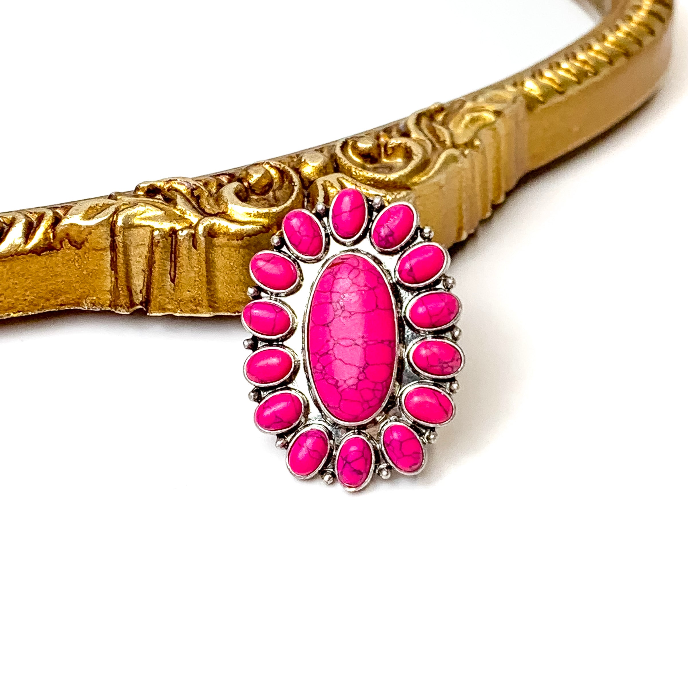 Western Oval Faux Stone Stretch Ring in Fuchsia Pink - Giddy Up Glamour Boutique