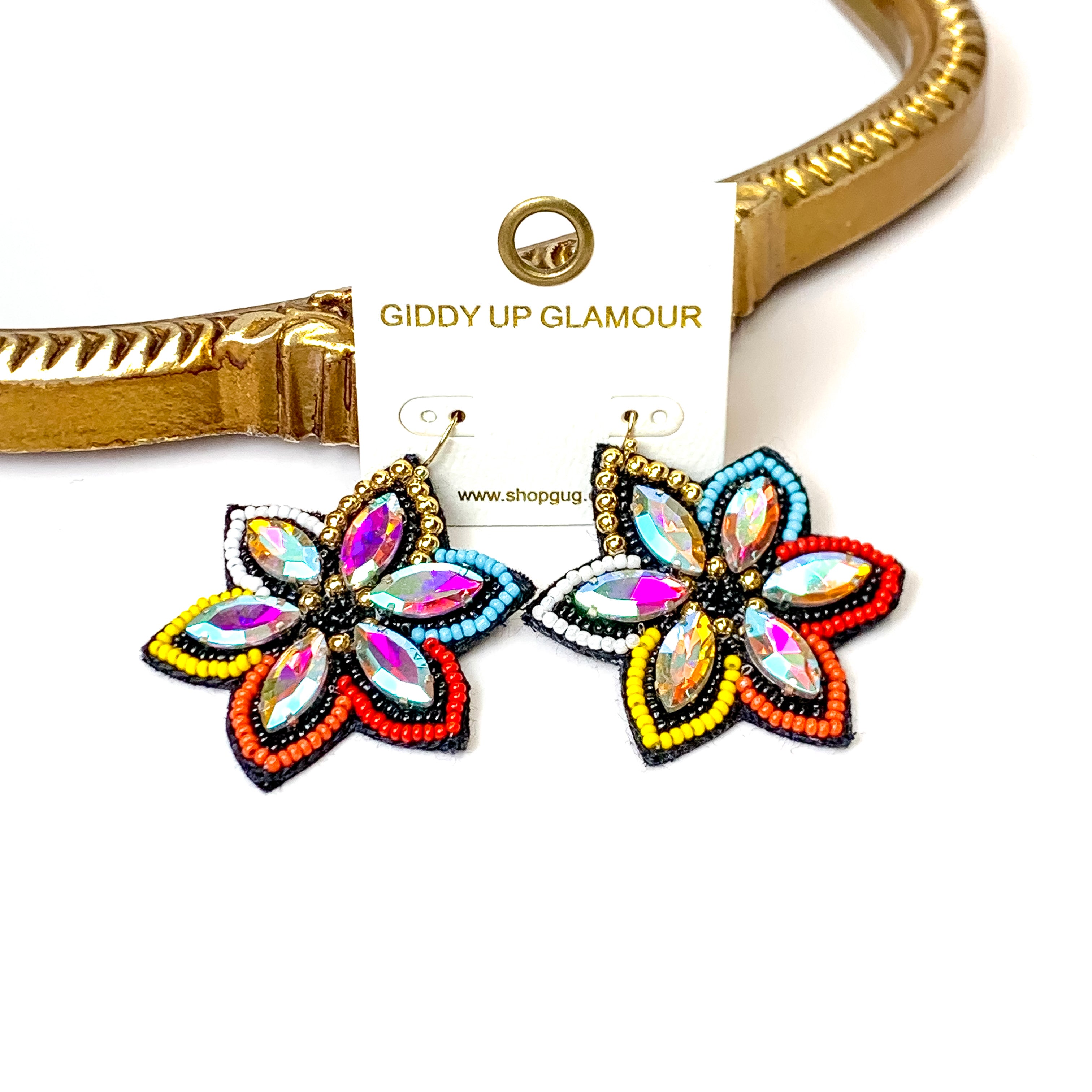 Desert Daisy Multicolored Flower Shaped Earrings with AB Crystal Accents in Black - Giddy Up Glamour Boutique