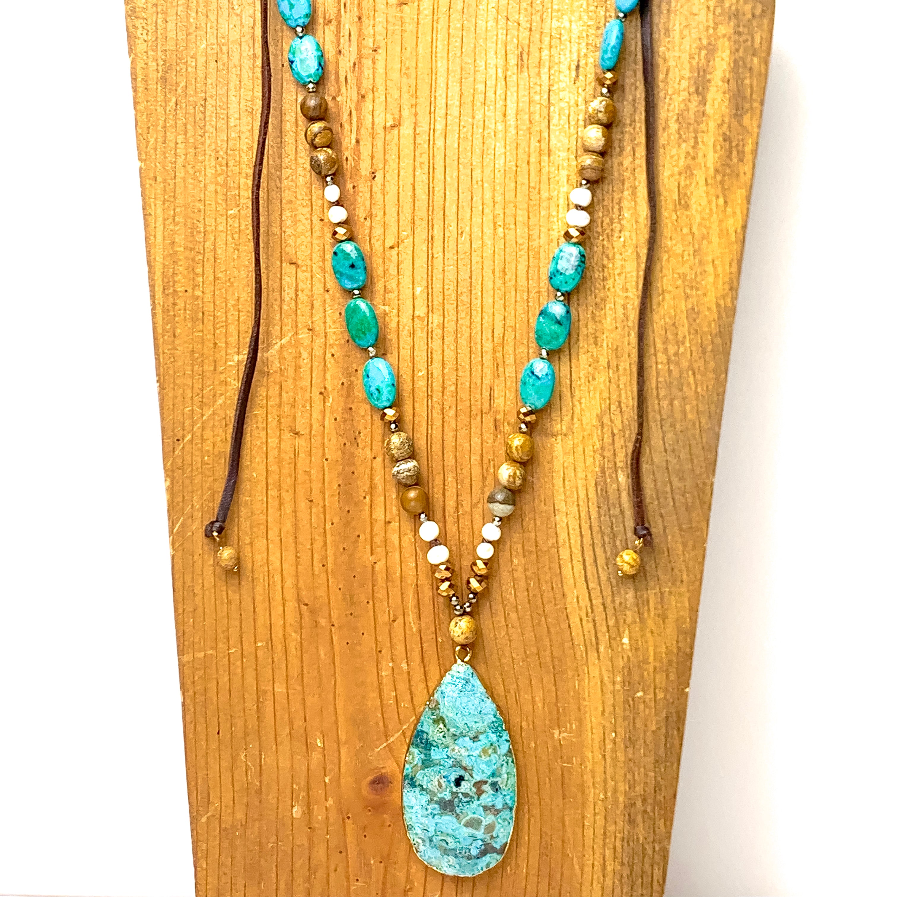 Bohemian Sunset Beaded Necklace with Faux Turquoise Teardrop Pendant - Giddy Up Glamour Boutique