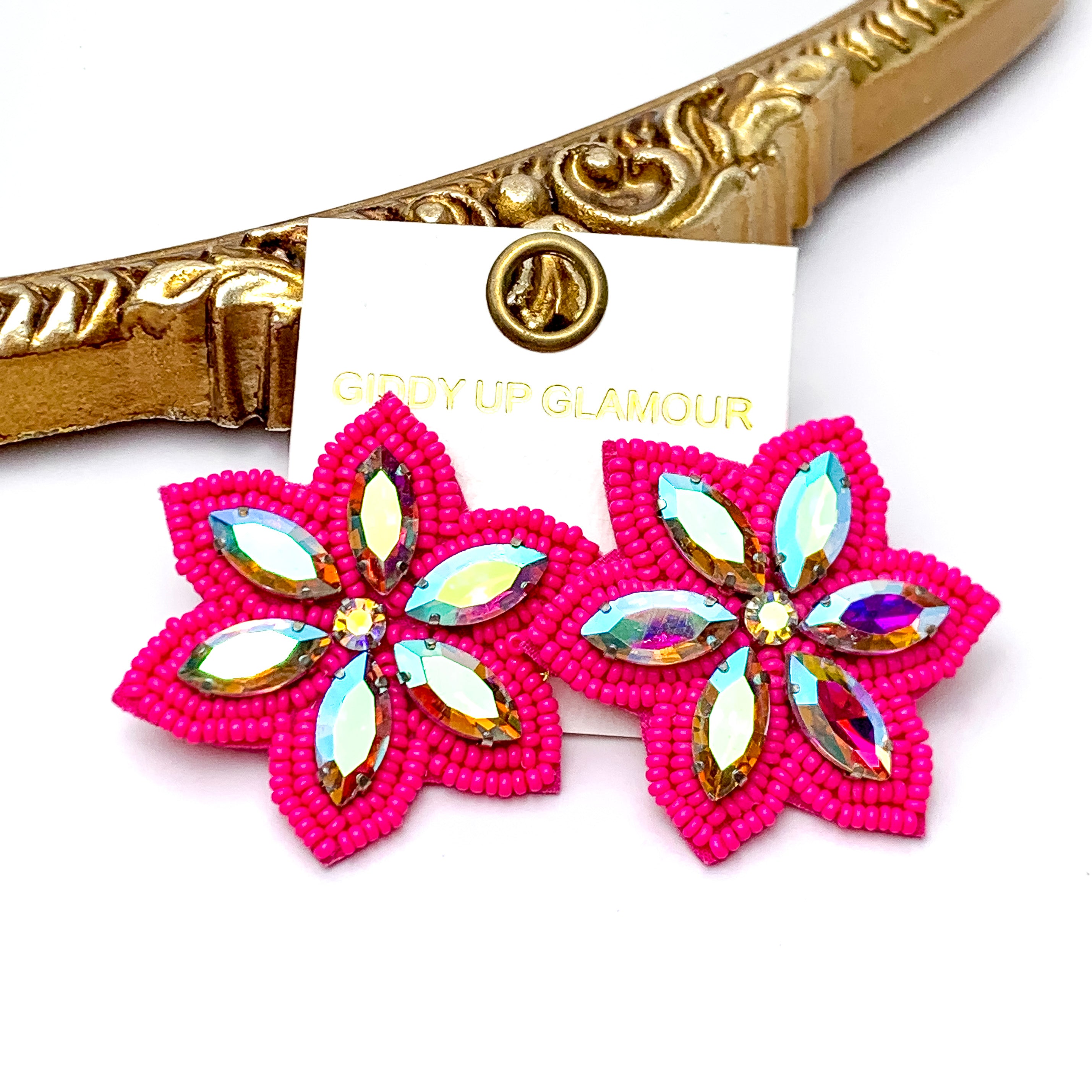 Prismatic Petals Seed Bead Flower Stud Earrings with AB stones in Fuchsia Pink