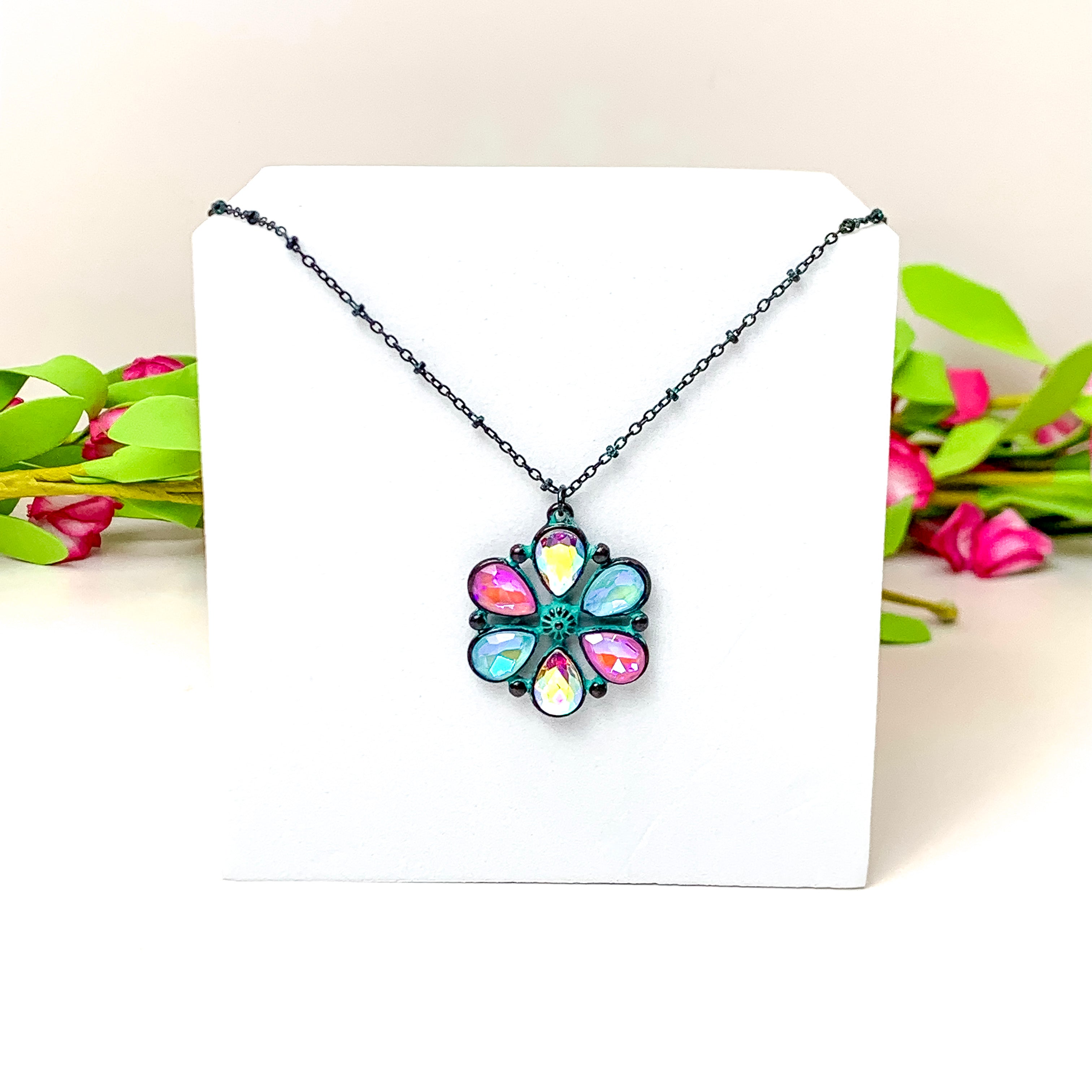 Petal Perfection Patina Tone Flower Pendant Necklace in Pink and Turquoise