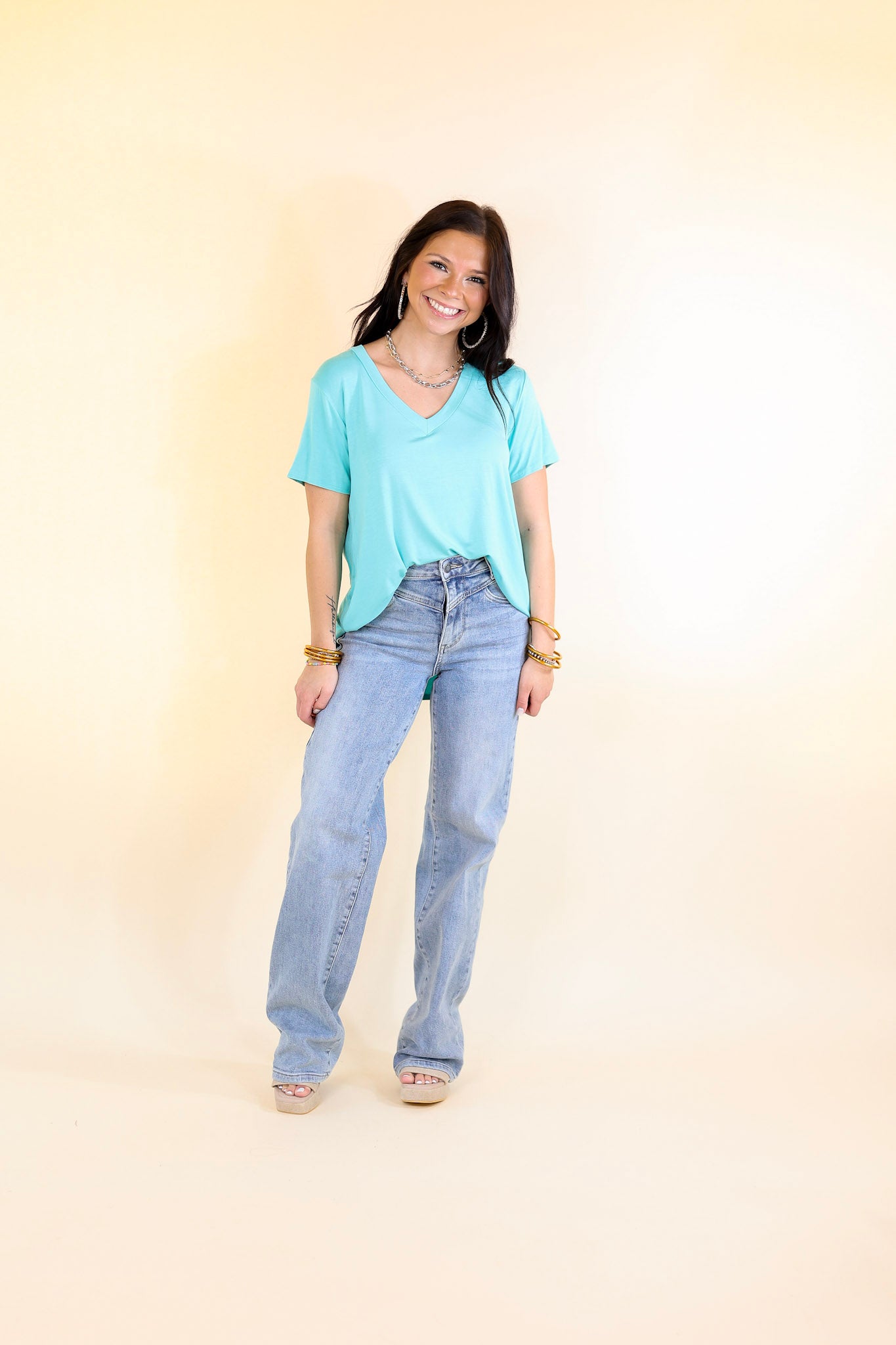 It's That Simple Solid V Neck Tee in Aqua Blue