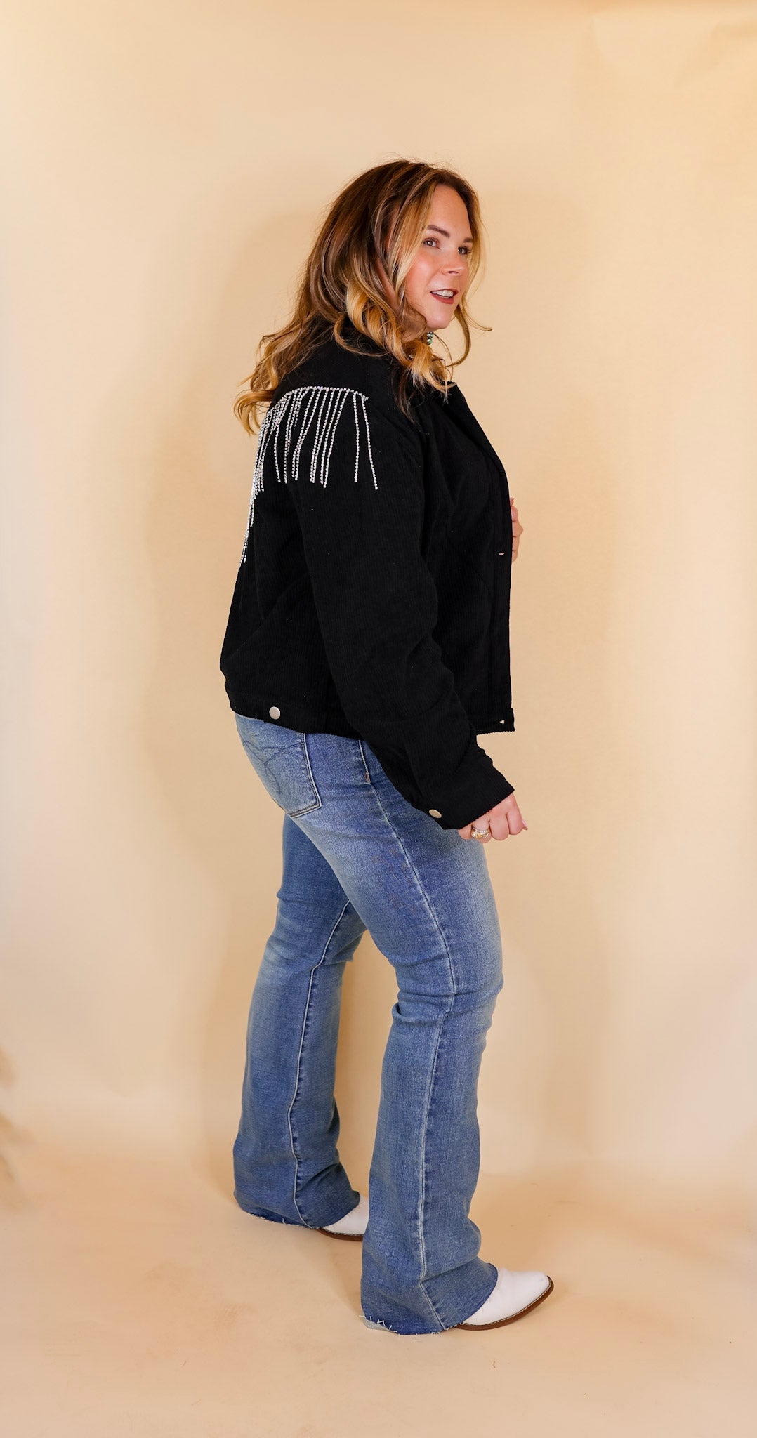 Signature Moves Button Up Corduroy Jacket with Crystal Fringe Back in Black - Giddy Up Glamour Boutique